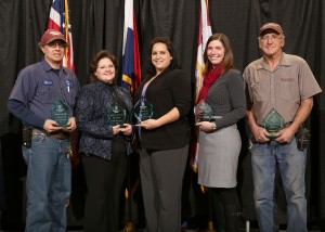 Recipients of the Staff Excellence in University Service Award include, from left: Howard Dressler, Mary Ann Wood, Jaime Ross, Jessica Clements and Sam Parker. Keith Moncrief is not pictured.