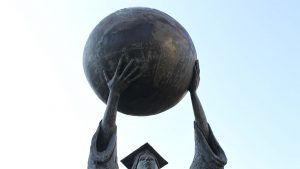 A close-up image of the public affairs statue.