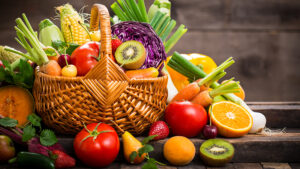 Fresh fruits and vegetables in the basket.