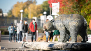 Students walk by a Bear statue on the Missouri State University campus.