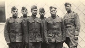 Choctaw soldiers as a telephone squad who just returned from fighting. From left: Corporal Solomon Bond Louis, Private Mitchell Bobb, Corporal James Edwards, Corporal Calvin Wilson, Private James Davenport and Captain Elijah W. Horner.