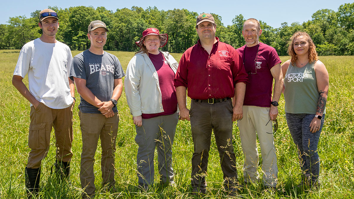 Left to right: Austin Livingston, Stewart McCollum, Dr. Melissa Bledsoe, Dr. Michael Goerndt, Dr. Toby Dogwiler and Bailey Wolf at Missouri State’s Journagan Ranch.