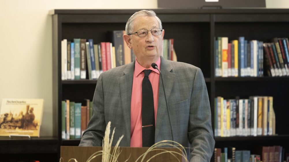 Dr. Frank Einhellig speaks at an event at Meyer Library.