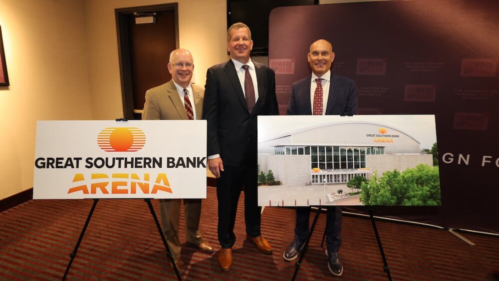 Missouri State University President Clif Smart, Great Southern Bank President and CEO Joe Turner, and Missouri State Foundation Executive Director Brent Dunn celebrate the Great Southern Bank Arena.