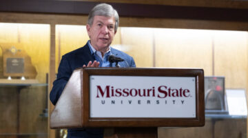 Roy Blunt speaks at Missouri State University podium in Hammons Student Center.
