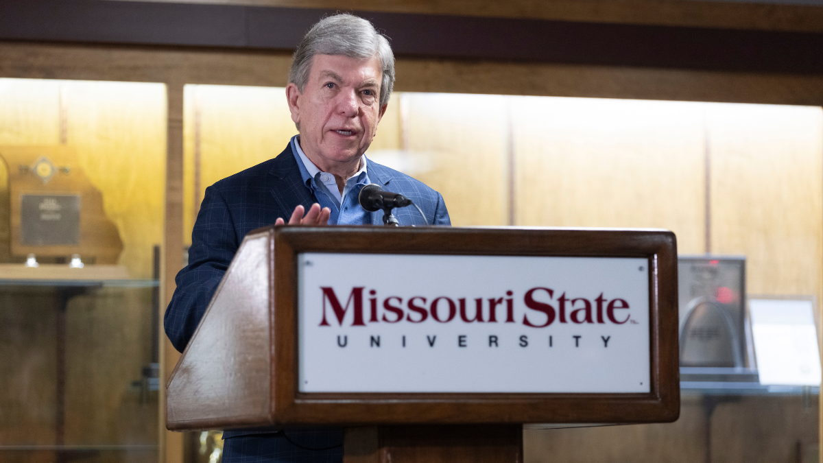 Roy Blunt speaks at Missouri State University podium in Hammons Student Center.