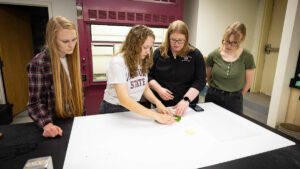 Students Mary Books, Sarah Overbeck and Gwenyth McClain work to gain greater understanding of how to improve crop production.