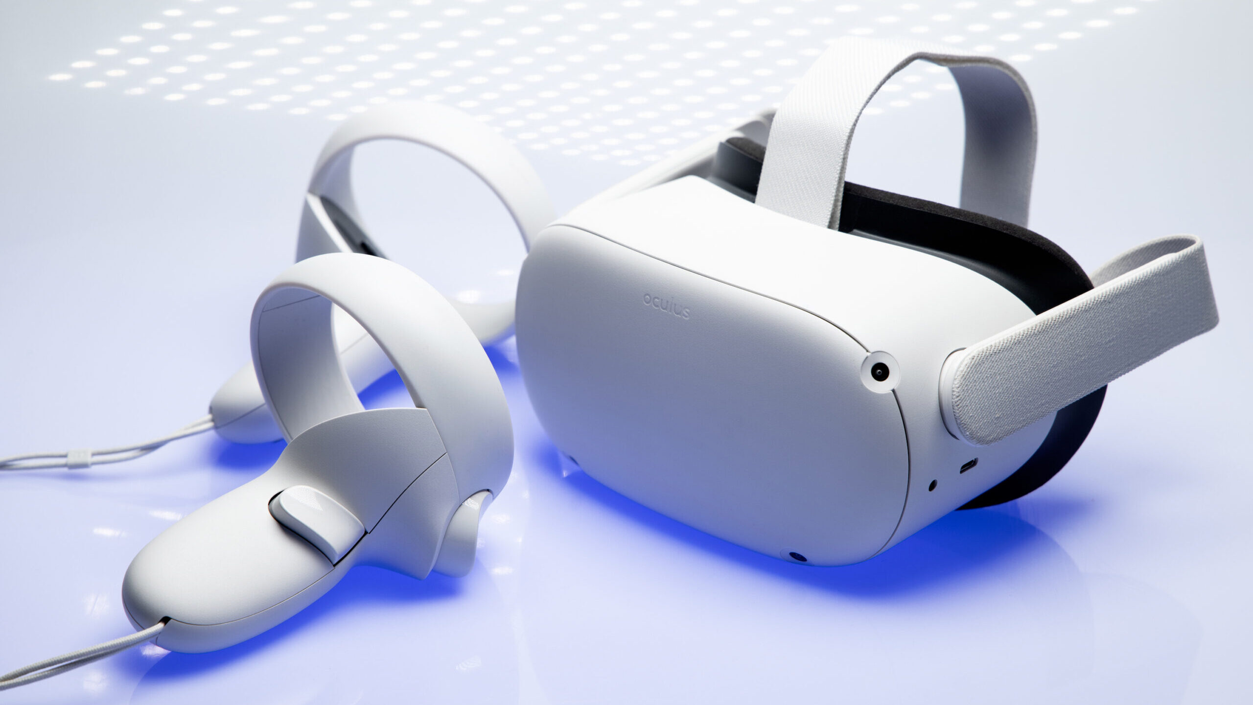 White new generation Oculus VR headset isolated on white background.
