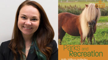 Holly Holladay's headshot next to the cover of her new book.