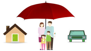 A graphic of a family under an umbrella with a house on the left and a car on the right.