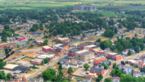 Aerial shot of town.