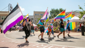 People at PRIDE fest holding flags.