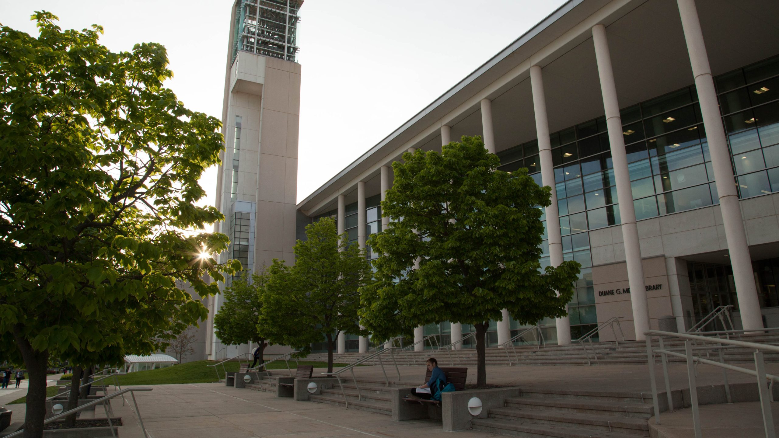 Meyer Library outdoors in the fall.