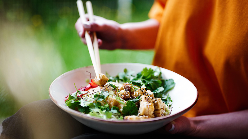 A person holding chopsticks and a bowl of salad with tofu.
