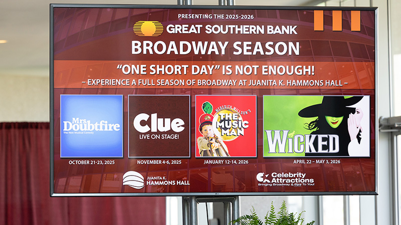 A sign announcing Hammons Hall's 2025-26 Broadway season.