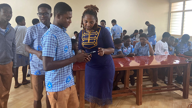 Dr. Antoinette Barffour with students in a Ghanaian school classroom.