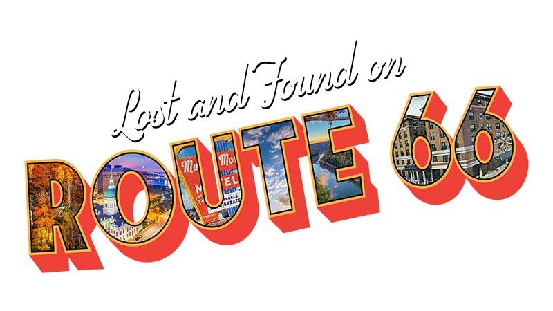 A graphic with the words "Lost and Found on Route 66."