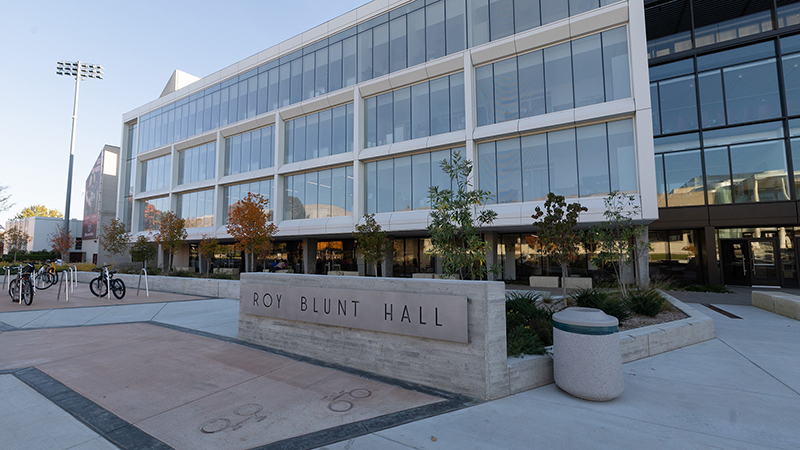 The front view of Roy Blunt Hall on campus.