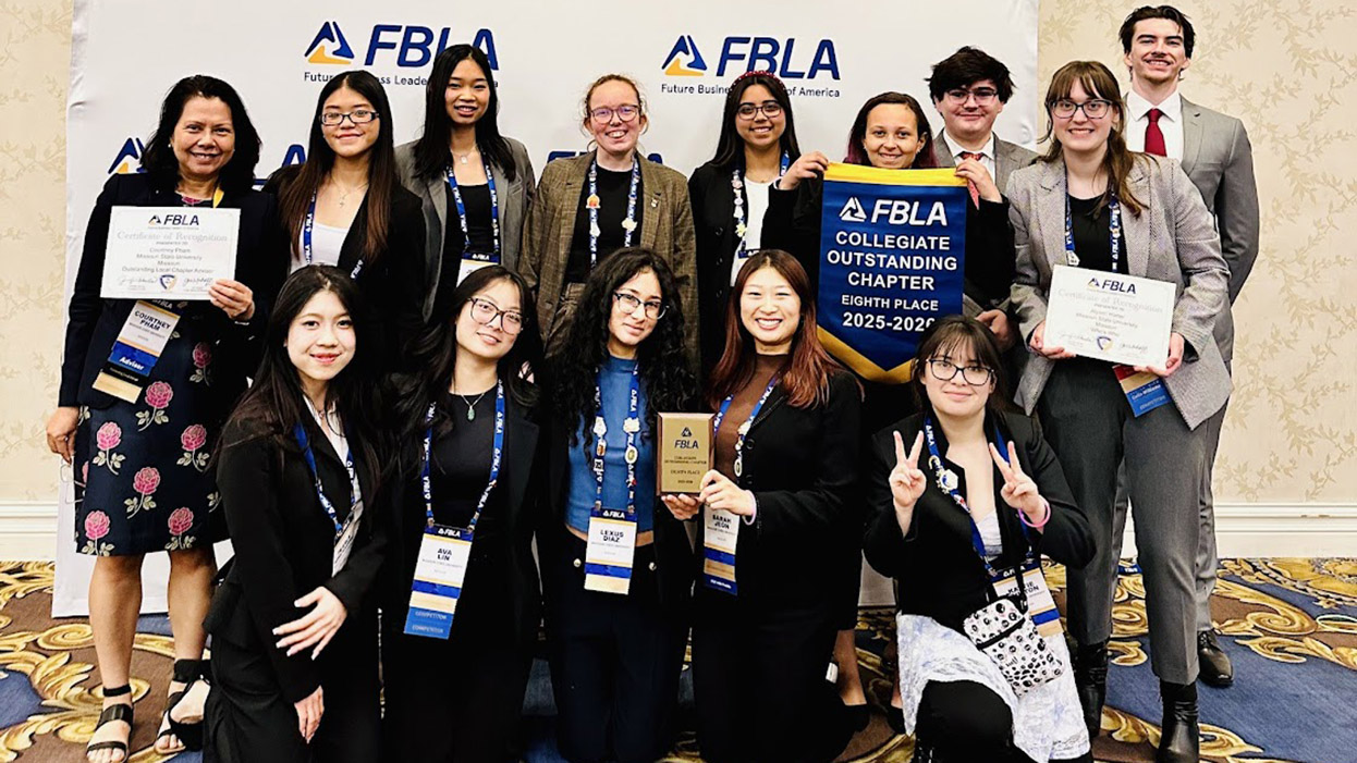 Future Business Leaders of America (FBLA) Collegiate at Missouri State University advisor Courtney Pham (second row, far left) and members at the 2026 FBLA Collegiate National Leadership Conference in Las Vegas, Nevada.